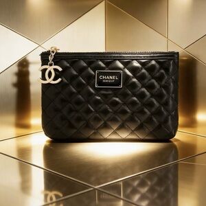 CHANEL GWP NWOT Black Quilted Pouch with Gold Accents